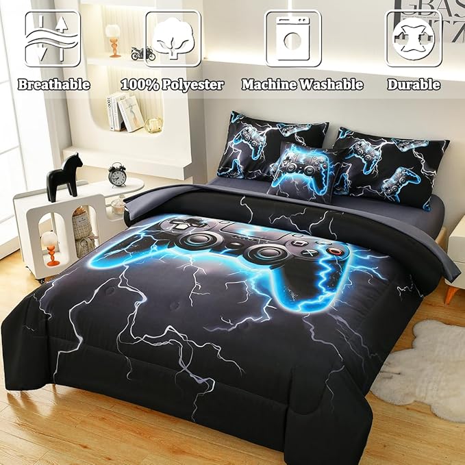 Game Console Twin Comforter Set with Sheets, Microfiber 6 Pcs Bed in A Bag Twin Size Gamer Bedding Set for Boys Kids Teens - LeafyLoom