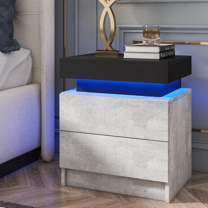 HOMMPA LED Nightstand Grey Matte Bedside Table with Led Lights Modern Night Stand with 2 Drawers Led Night Table Smart Nightstand for Bedroom 20.5” Tall - LeafyLoom