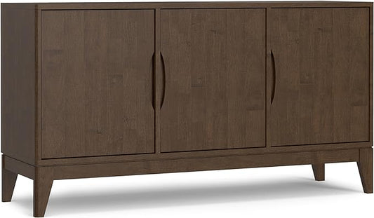 SIMPLIHOME Harper Solid Hardwood and Rubberwood 60 inch x 17 inch Rectangle Mid Century Modern 3 Door Sideboard Buffet/Storage Cabinet in Walnut Brown for The Dining Room and Kitchen - LeafyLoom