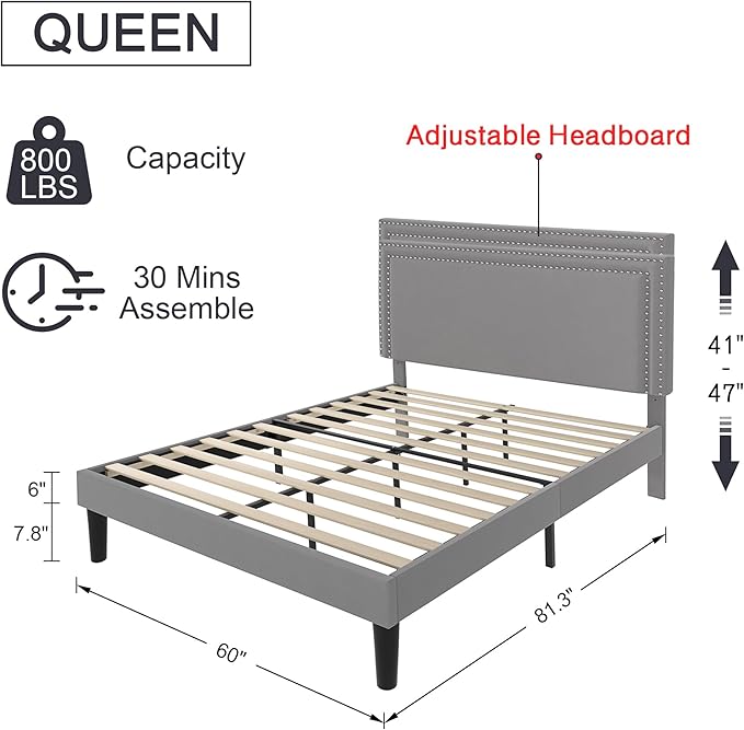 VECELO Queen Size Platform Bed Frame with Adjustable Upholstered Headboard, Modern Mattress Foundation,Strong Wood Slat Support, No Box Spring Needed, Easy Assembly - LeafyLoom