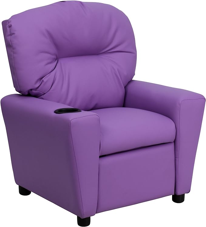 Flash Furniture Chandler Vinyl Kids Recliner with Cup Holder and Safety Recline, Contemporary Reclining Chair for Kids, Supports up to 90 lbs., Lavender - LeafyLoom