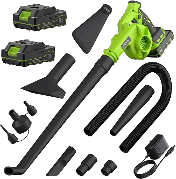 Cordless Leaf Blower with 2 Batteries, Charger & Dust Bag, 2-in-1 20V Cordless Vacuum Cleaner with Self-Locking Switch, Handheld Battery Powered Small Blower for Lawn Care/Dust/Pet Hair/Inflatable Bed - LeafyLoom