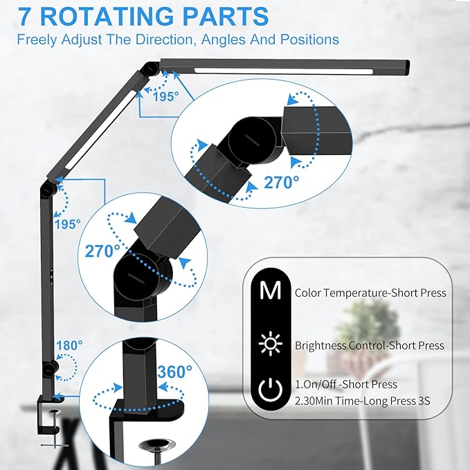 LED Desk Lamp with Clamp, Architect Desk Lamp for Home Office with Remote Control, Swing Arm Clamp on Desk Light, Clip-on Eye-Care Adjustable 5 Brightness Levels Table Light for Working Drafting - LeafyLoom