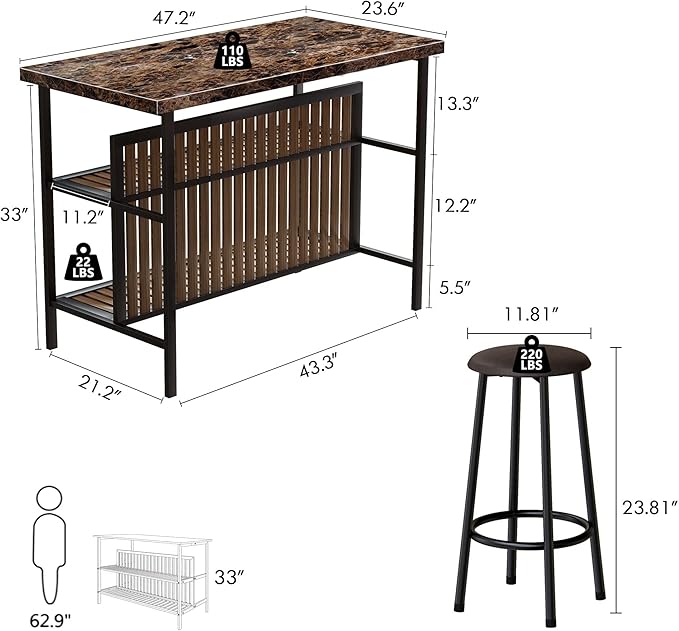 DKLGG 3 Piece Dinging Table Set, Faux Marble Dining Room Table Set with 2 Tier Storage Shelves, Bar Table Set with Bar Stools, Sturdy Kitchen Table with Storage for Restaurant, Living Room - LeafyLoom