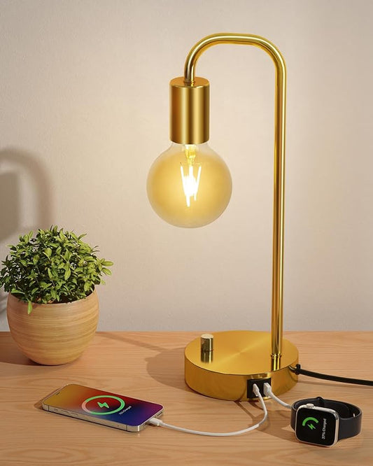 Industrial Table Lamp with 2 USB Port, Stepless Dimmable Nightstand Bedside Lamps for Bedroom,Desk Lamps with 2700K Gold Gradient Bulb for Reading Living Room - LeafyLoom