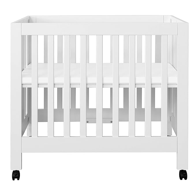 Babyletto Origami Mini Portable Crib Folding with Wheels in White, 2 Adjustable Mattress Positions, Greenguard Gold Certified - LeafyLoom