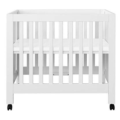 Babyletto Origami Mini Portable Crib Folding with Wheels in White, 2 Adjustable Mattress Positions, Greenguard Gold Certified - LeafyLoom