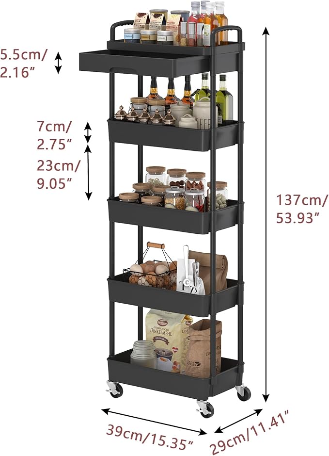 5-Tier Rolling Utility Cart，Trolley with Drawer, Multifunctional Storage Organizer with Plastic Shelf & Metal Wheels, Storage Cart for Living Room, Kitchen, Office, Bathroom, Black - LeafyLoom