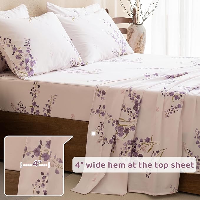 QSH Lavender Floral Bed Sheets Queen Size - 100% Egyptian Cotton Sheets Purple Flower Printed Bedding Sheets Queen Size Bed 4pcs Deep Pockets Bed Sheets - LeafyLoom