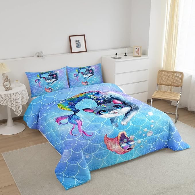 Rainbow Cartoon Cat Bed Sheet Set Colorful Mermaid Comforter Set for Kids Boys Girls Teens Room Decor Blue Mermaid Scales Bedding Set Set Ocean Gradient Style Bed Cover 2Pcs Twin Size - LeafyLoom