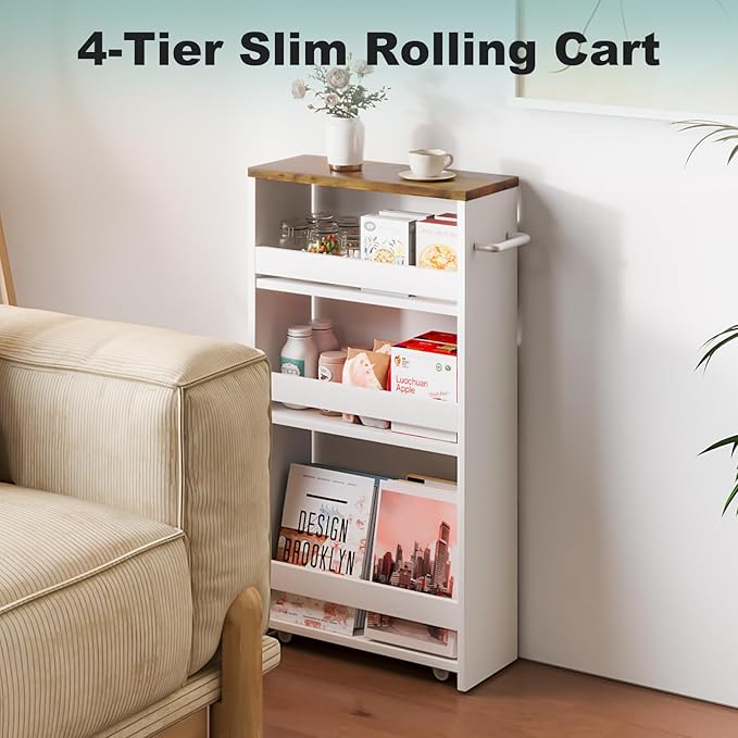 MARTY Rolling Storage Cart 4-Tier White Kitchen cart on Wheels,Slim Storage Cart with Handle Slide Out Utility Cart Shelving Unit Organizer Trolley for Laundry Narrow Places Bathroom Small Corner - LeafyLoom