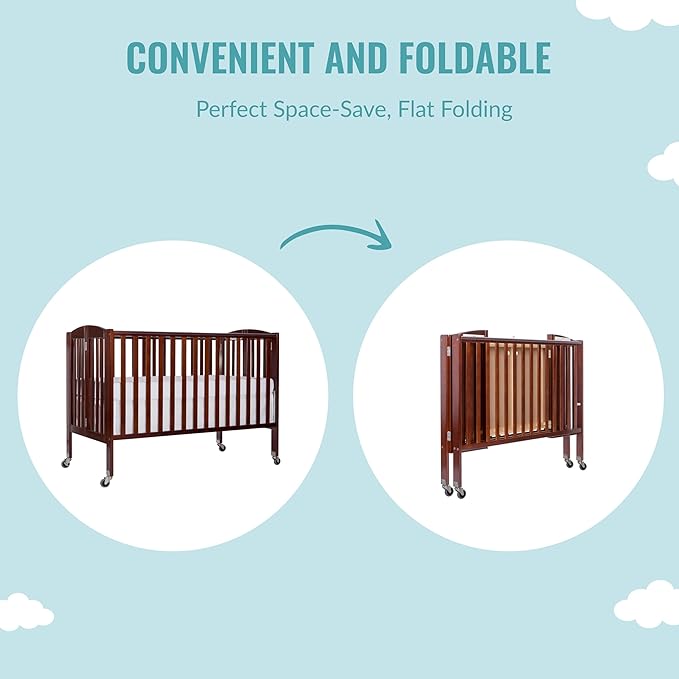 Folding Full Size Convenience Crib In Espresso, Two Adjustable Mattress Height Positions, Comes With Heavy Duty Locking Wheels, Flat Folding Crib - LeafyLoom