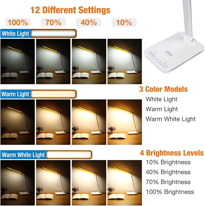 Miady LED Desk Lamp Eye-Caring Table Lamp, 3 Color Modes with 4 Levels of Brightness, Dimmable Office Lamp with Adapter, Touch Control Sensitive(White Aluminum) - LeafyLoom