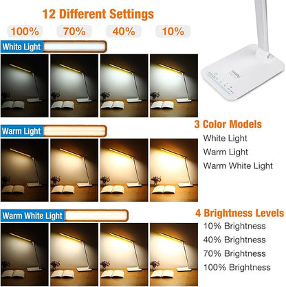 Miady LED Desk Lamp Eye-Caring Table Lamp, 3 Color Modes with 4 Levels of Brightness, Dimmable Office Lamp with Adapter, Touch Control Sensitive(White Aluminum) - LeafyLoom