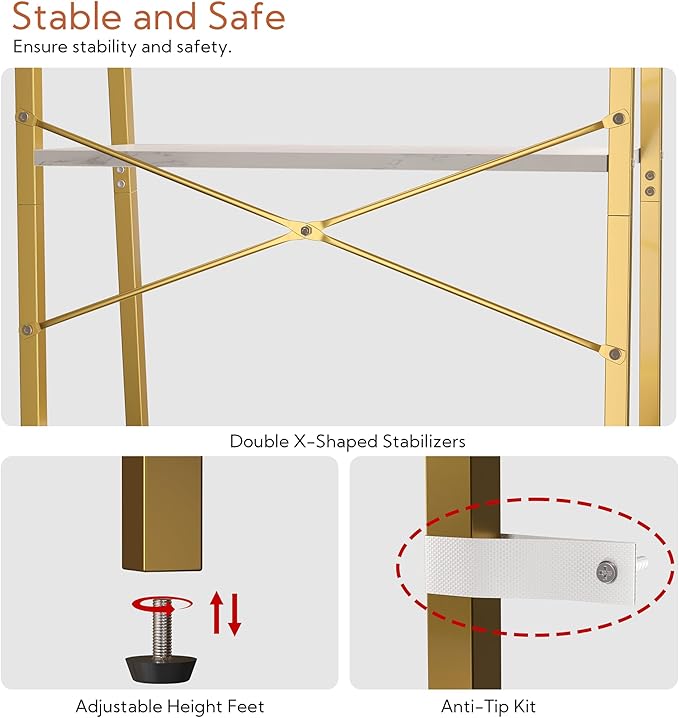 Yusong Ladder Shelf, 5-Tier Bookshelf Wood Bookcase for Living Room, Industrial Book Shelves, Tall Storage Display Rack Plant Stand for Bedoom, Home Office, Gold Metal Frame and White Marble Plank - LeafyLoom