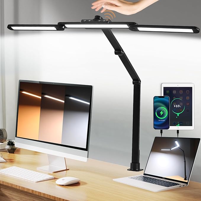 Desk Lamp with Hand-Sweep Sensor Desk Lamps for Home Office Desk Lamp with Clamp with 2 USB C+A Ports 24W LED Desk Light Clip On Desk Lamp with Timer, 3 Colors, 7 Brightness Dimmable Lamp For Desk - LeafyLoom