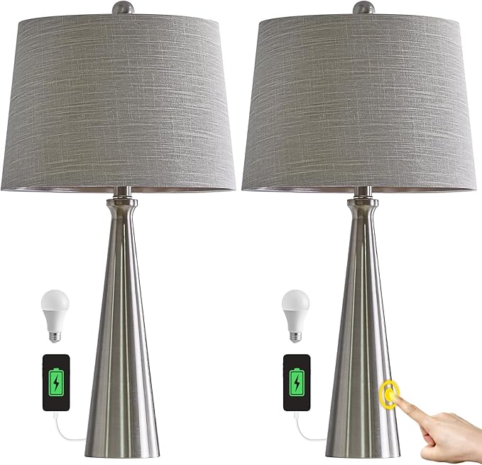 Oneach 25.75" Table Lamps Set of 2 for Living Room Bedroom, Bedside Lamp 3-Way Dimmable Touch Control, Modern Silver Nightstand Light Fabric Shade Vintage Accent Style - LeafyLoom