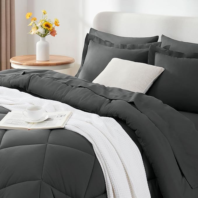 CozyLux Queen Bed in a Bag 7-Pieces Comforter Sets with Comforter and Sheets Dark Grey All Season Bedding Sets with Comforter, Pillow Shams, Flat Sheet, Fitted Sheet and Pillowcases - LeafyLoom