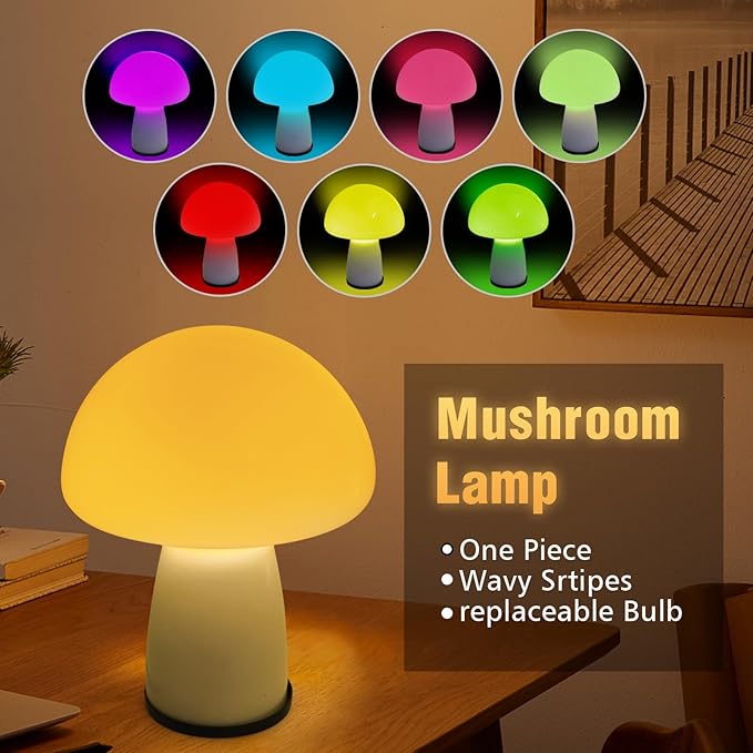 Milk White Mushroom lamp, Murano style retro design,Glass desk lamp with RGB 16 Color gradient dimmable LED bulbs, bedroom bedside bedside lamp, perfect home decoration.(LED Bulb Included) - LeafyLoom