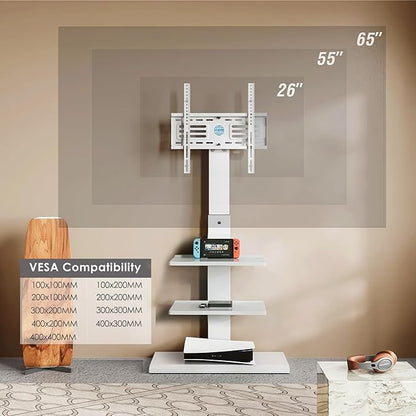 FITUEYES Iron Base Universal Floor TV Stand with Swivel Mount Space Saving for 26-65 Inch LED LCD OLED Plasma Flat Panel or Curved Screen TVs Height Adjustable Wire Management with 2 Shelves White - LeafyLoom