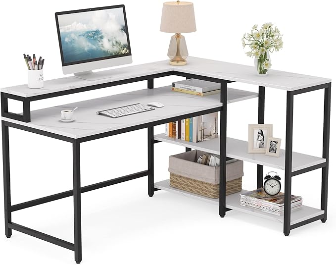 Reversible L Shaped Computer Desk with Storage Shelf, Industrial Corner Desk with Monitor Stand for Home Office - LeafyLoom