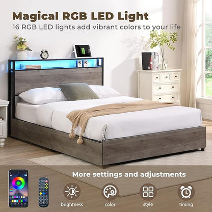 LED Full Bed Frame with 4 Storage Drawers & Charging Station, Platform Metal Bed Frame with Headboard, Noise-Free, No Box Spring Needed, Ancient gray - LeafyLoom