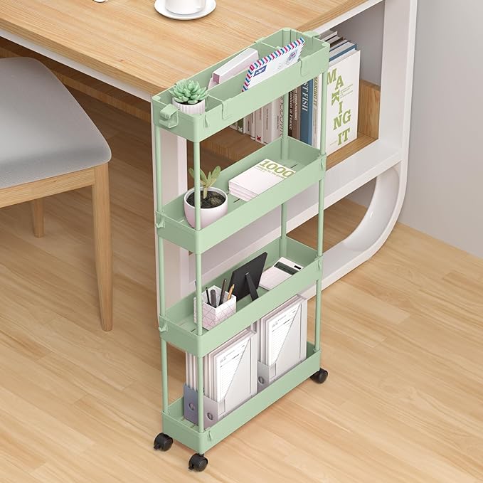 SPACELEAD Slim Storage Cart 4 Tier, Storage Organizer Rolling Utility/Mobile Shelving Unit Slide Out Storage Cart for Office, Bathroom, Kitchen, Laundry Room & Narrow Places， Green - LeafyLoom