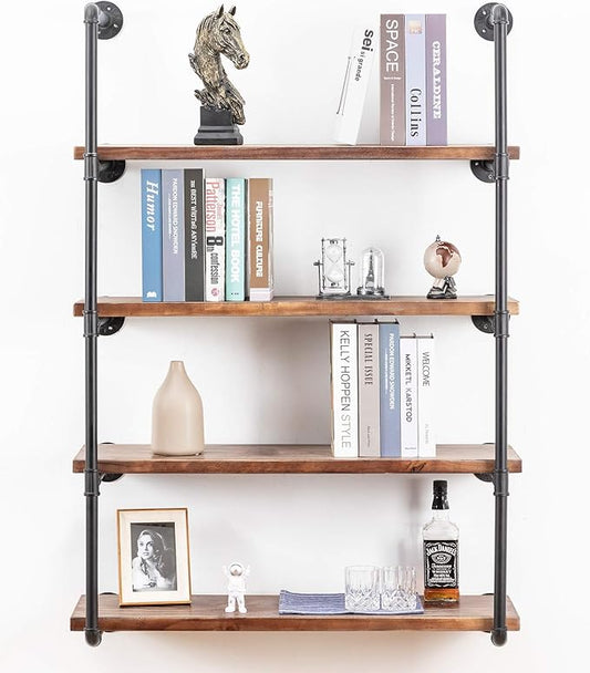 Industrial Wall Mounted Pipe Shelving,Rustic Metal Floating Shelves,Steampunk Real Wood Bookcases,DIY Bookshelf Hanging Shelves,Farmhouse Kitchen Bar Office Home Storage (5-Tier with 4 Boards,36in) - LeafyLoom