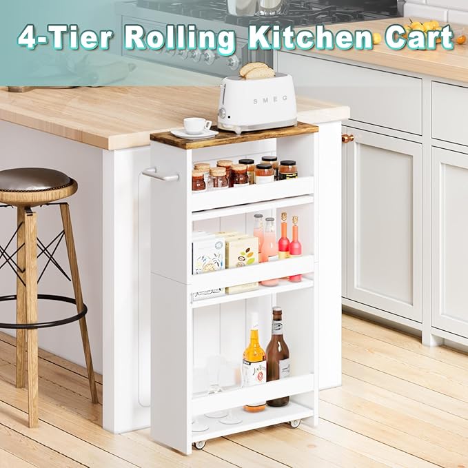 MARTY Rolling Storage Cart 4-Tier White Kitchen cart on Wheels,Slim Storage Cart with Handle Slide Out Utility Cart Shelving Unit Organizer Trolley for Laundry Narrow Places Bathroom Small Corner - LeafyLoom