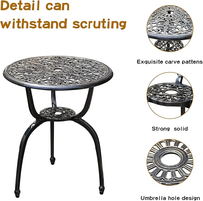 Patio Bistro Set.Rust-Resistant Cast Aluminum Bistro Table Set with Umbrella Hole for Backyard (Crown Copper) - LeafyLoom