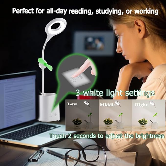 Led Desk Lamps, Small Cute Desk Lamp with 3 Lighting Modes, Modern Desk Ring Night Light with Pen Holder and Green Mini Fan for Home Office Bedroom - LeafyLoom