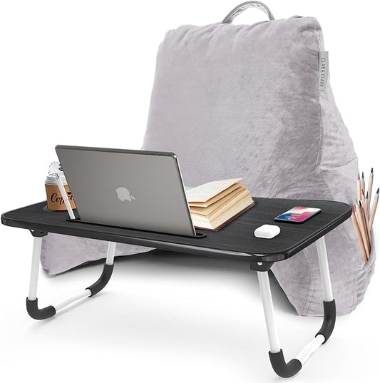 Clara Clark Reading Pillow with Portable Lap Desk for laptop Set, Back Pillow for Sitting Up in Bed, Memory Foam Back Support Pillow Bed Rest Pillow with Foldable Laptop Desk, Standard - Grey Lavender - LeafyLoom