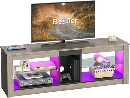 Bestier Entertainment Center LED Gaming TV Stand for 55+ Inch TV Adjustable Glass Shelves 22 Dynamic RGB Modes TV Cabinet Game Console PS4, Wash Gray - LeafyLoom