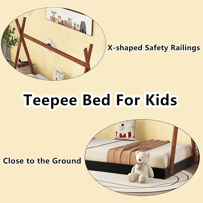 Bellemave Twin Size Tent Floor Bed Frame with Triangle Structure, Teepee Bed Platform Bed for Kids,Montessori Floor Bed for Girls Boys(Twin,Black+Brown) - LeafyLoom