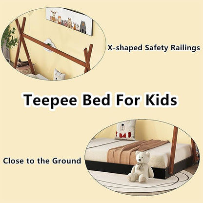 Bellemave Twin Size Tent Floor Bed Frame with Triangle Structure, Teepee Bed Platform Bed for Kids,Montessori Floor Bed for Girls Boys(Twin,Black+Brown) - LeafyLoom