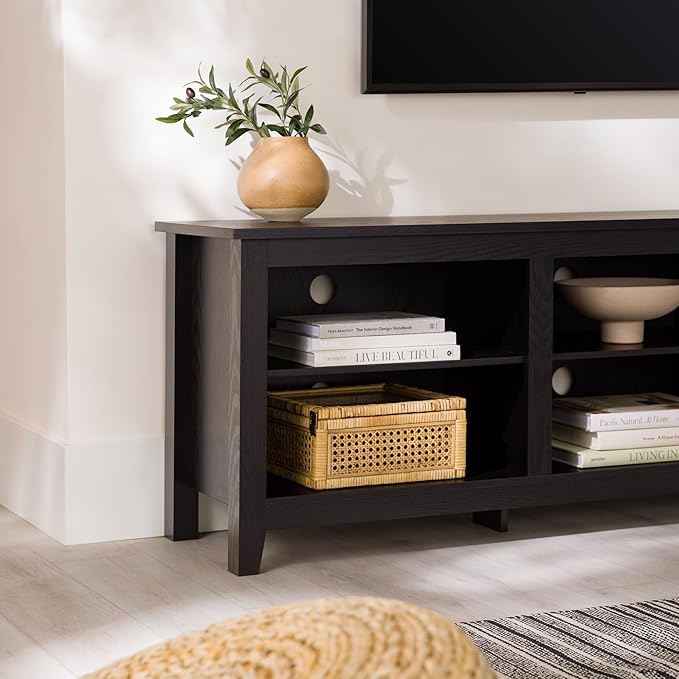 Walker Edison Wren Classic 6 Cubby TV Stand for TVs up to 80 Inches, 70 Inch, Black - LeafyLoom