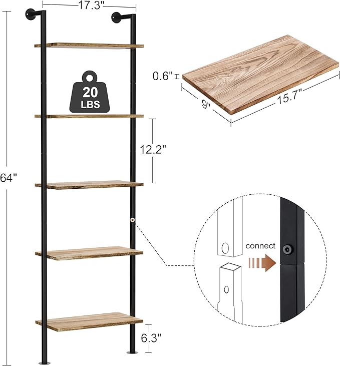 5-Tier Bookshelf Solid Wood Ladder Shelf, Narrow Book shelf Set of 2, Wooden Ladder Shelf Bookcase, Wall Mount Ladder Shelf, Storage Rack for Living Room, Bedroom, Industrial Style, Rustic Brown - LeafyLoom