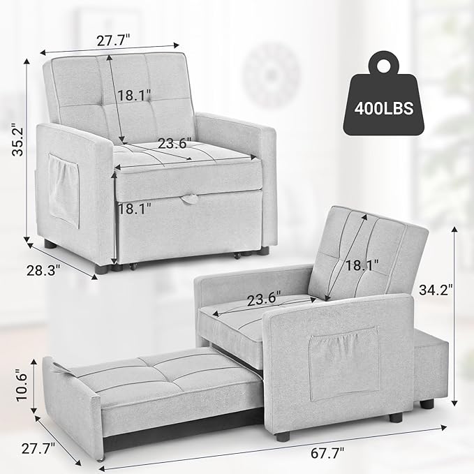 4-in-1 Convertible Sleeper Sofa, Single Pull Out Couch Chair with 6-Level Adjust Backrest Loveseat with Storage and Pillows, Modern Recliner for Living Room Apartment Office, White - LeafyLoom