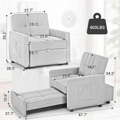 4-in-1 Convertible Sleeper Sofa, Single Pull Out Couch Chair with 6-Level Adjust Backrest Loveseat with Storage and Pillows, Modern Recliner for Living Room Apartment Office, White - LeafyLoom