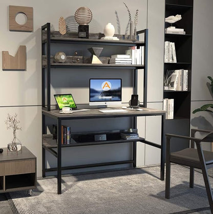 Aquzee Desk with Hutch Bookshelves, Computer Desk with 3 Tiers Storage Shelves, Space Saving Design Black Metal Legs Desk with Grey Board, Easy Assemble - LeafyLoom