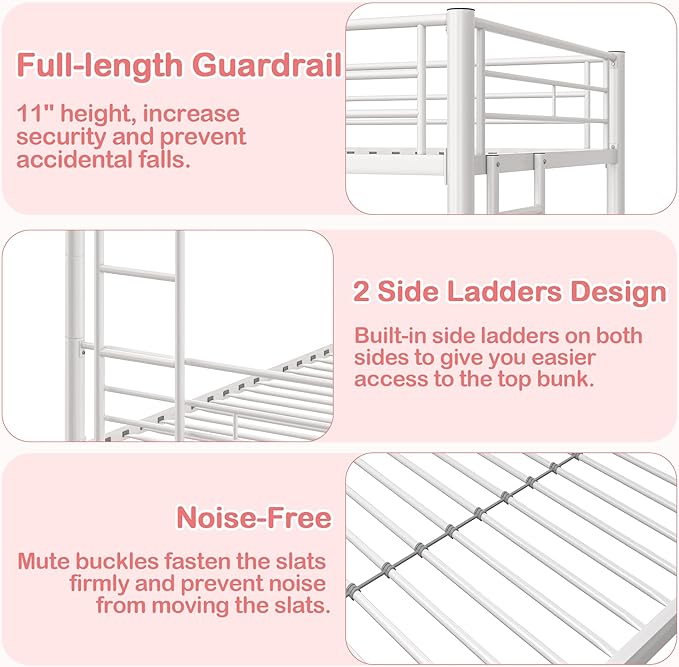 VECELO Metal Loft Bed Twin Size with Desk Industrial Bunkbeds with Ladder and Full-Length Guardrail, Noise Free, No Box Spring Needed, White - LeafyLoom