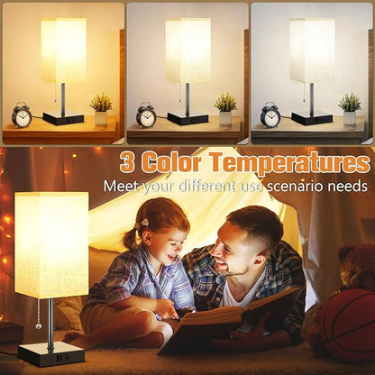 Table Lamp for Bedroom Set of 2, 3 Color Bedside Lamps with AC Outlets, Square Pull Chain Nightstand Lamp for Living Room, Office Desk, LED Bulb Included - LeafyLoom