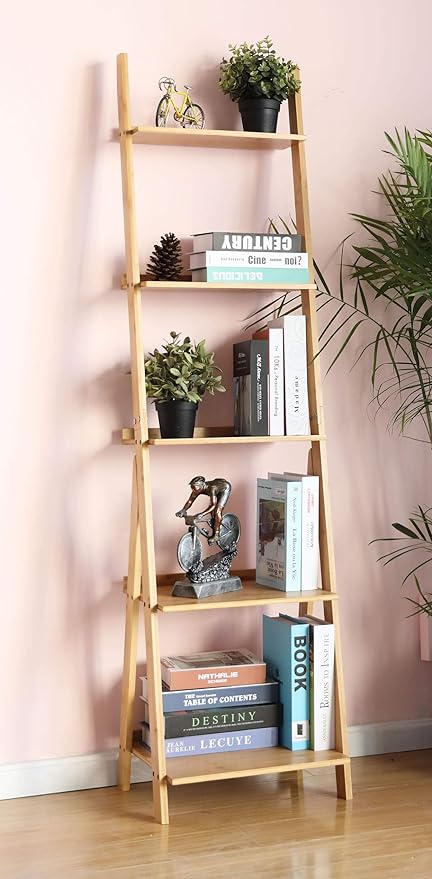 HYNAWIN Corner Ladder Shelf Storage Shelving, 5 Tier Books/CDs/Albums/Files Holder in Living Room Home Office,Simple Assembly - LeafyLoom