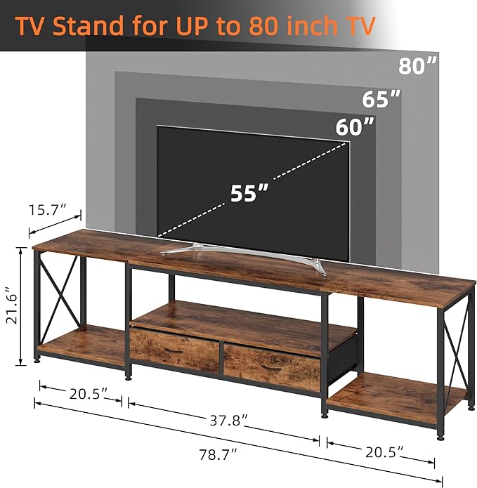 TV Stand with Fabric Drawers for 80 85 Inches TV - Entertainment Center and Industrial TV Console Table with Open Storage Shelves for Living Room, Bedroom- 79.1" Rustic Brown - LeafyLoom