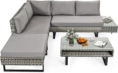 DWVO Patio Furniture Set, Sectional L-Shaped Sofa, for Patio Backyard Poolside Porch, Wicker Conversation Set with Coffee Table & Cushions, Detachable Lounger, All-Weather Rattan, Grey - LeafyLoom