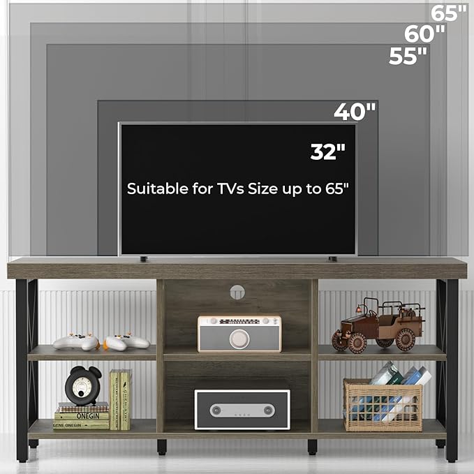 GreenForest TV Stand for TV up to 65 inches, Entertainment Center with 6 Storage Cabinet for Living Room, 55 inch Farmhouse Television Stands Console Table, Industrial TV stands for Living Room, Gray - LeafyLoom