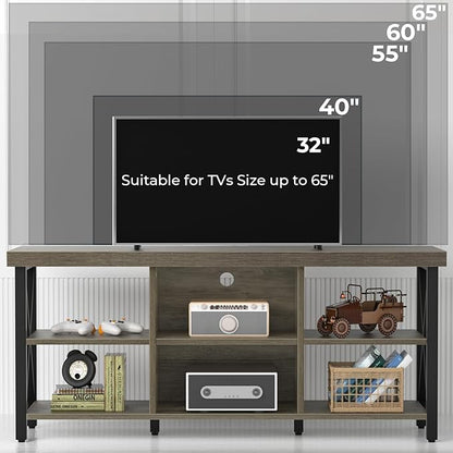 GreenForest TV Stand for TV up to 65 inches, Entertainment Center with 6 Storage Cabinet for Living Room, 55 inch Farmhouse Television Stands Console Table, Industrial TV stands for Living Room, Gray - LeafyLoom