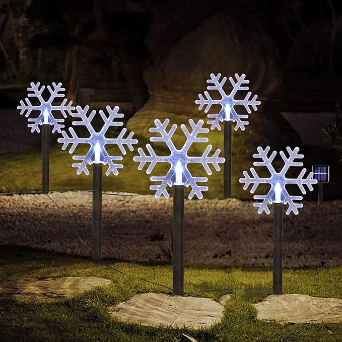 Christmas Snowflake Pathway Lights, 5 Pack Solar Christmas Stake Markers with Cool White Fairy Lights for Outdoor Holiday Walkway Patio Garden Christmas Decorations (5PCS-Cool White-Snow) ILLUMINEW