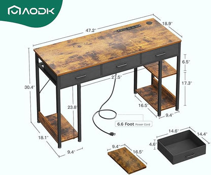 AODK 48 Inch Office Desk with Fabric Drawers & Power Outlets, Computer Desk with Storage Shelves & CPU Stand, Writing Study Table, Small Desk for Bedroom, Vintage - LeafyLoom