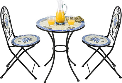 Alpine Corporation Blue and Beige Mosaic Bistro Set, 3-Piece - LeafyLoom